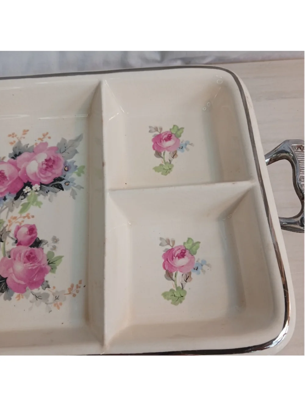 Vintage Ovenproof Divided Serving Tray Floral Pink Rose Silver Raised Trivet
